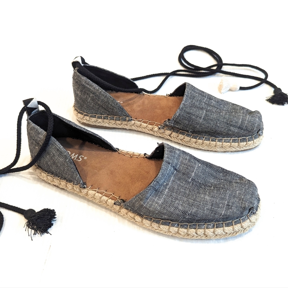 TOMS Katalina Espadrille Chambray ankle wrap tassle sandals